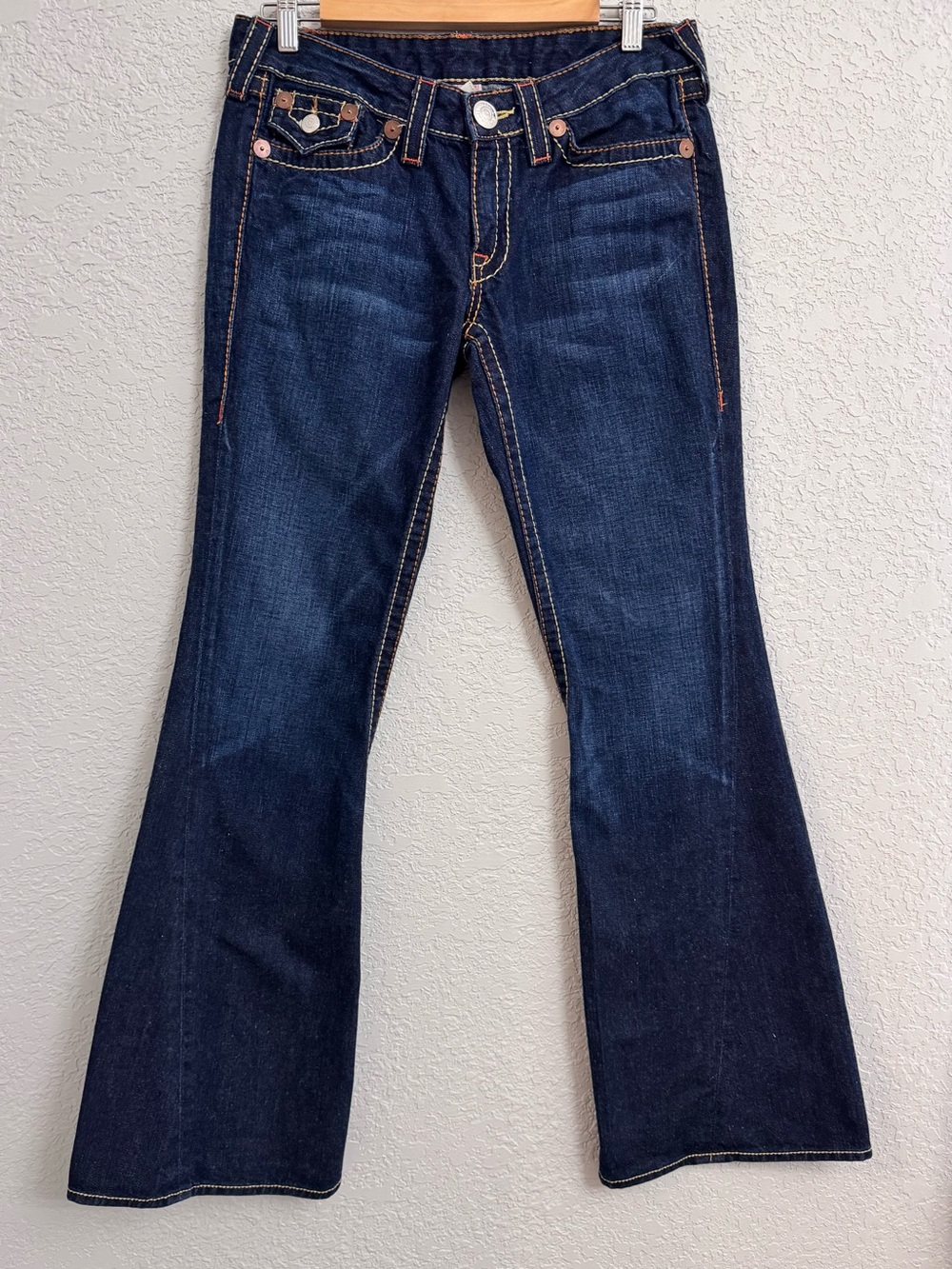 True Religion Dark Blue Flare Jeans with Contrast Raindow Stitching NWOT Y2K